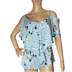GIGI PARKER WOMENS COLD SHOULDER BLOUSE PAISLEY AQUA XS NEW WITH TAGS‎